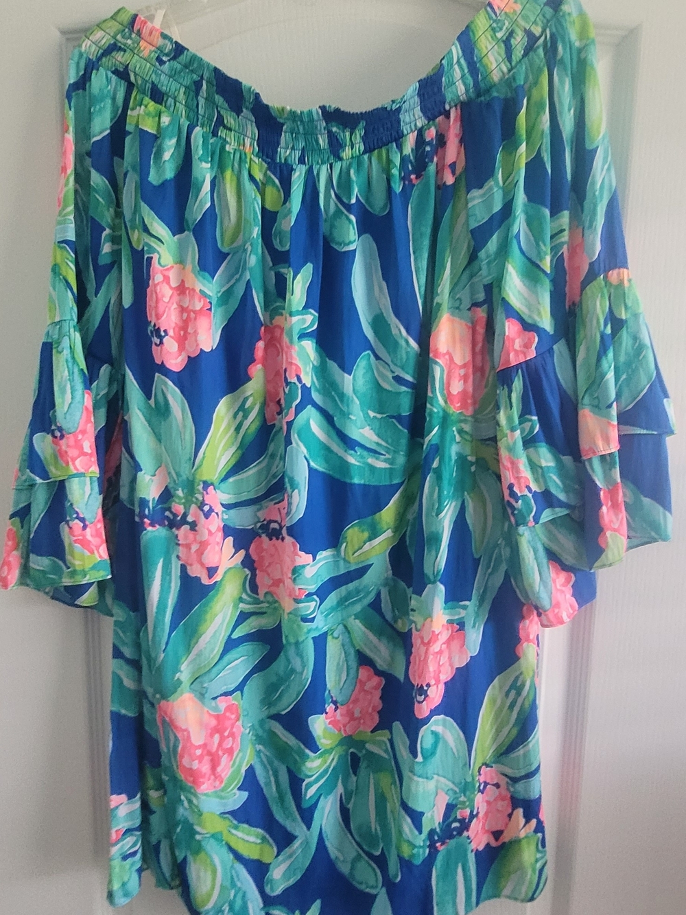 Lilly Pulitzer Teal and Pink Off The Shoulder Smocked Top - Picture 2 of 5